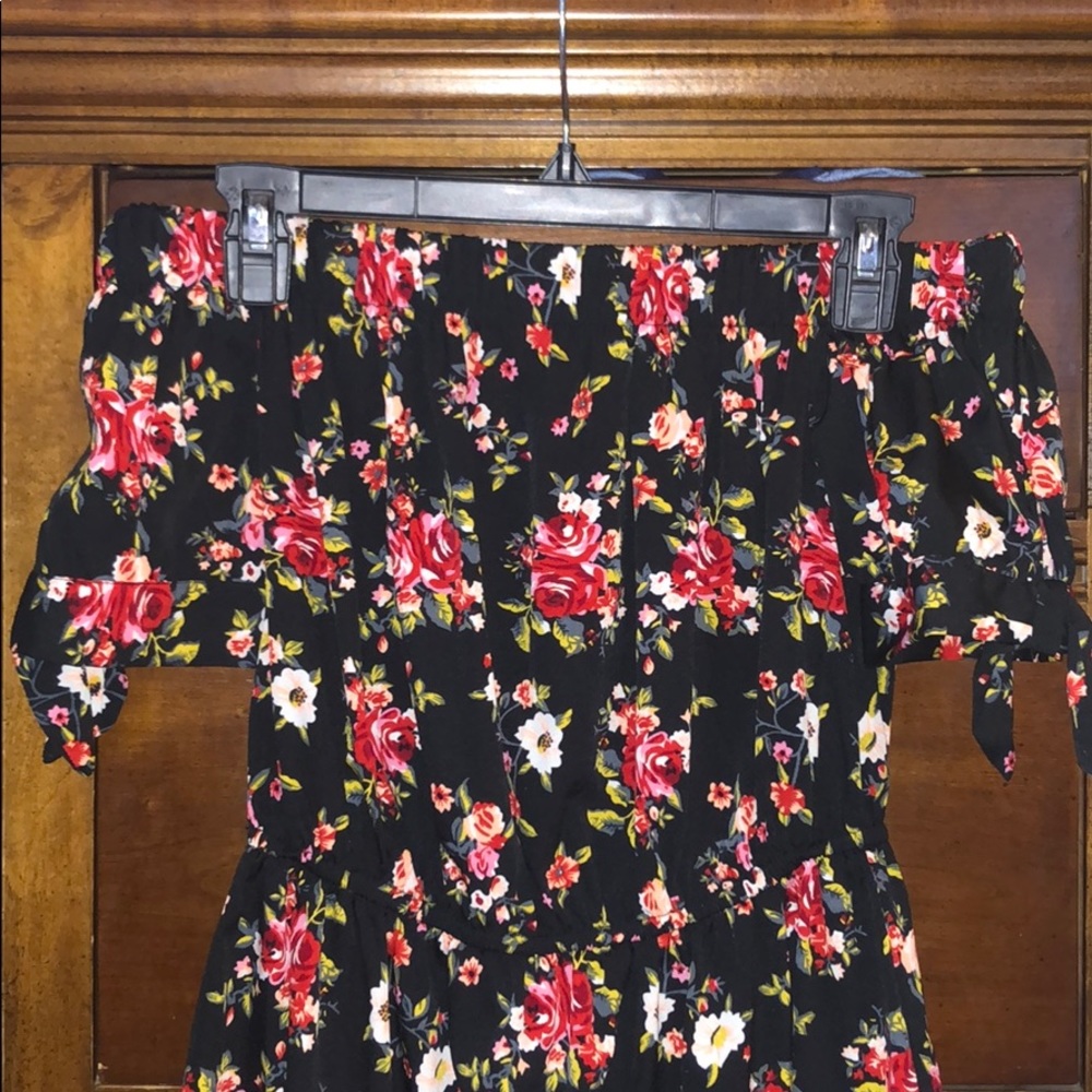 Off the shoulder flowered dress.